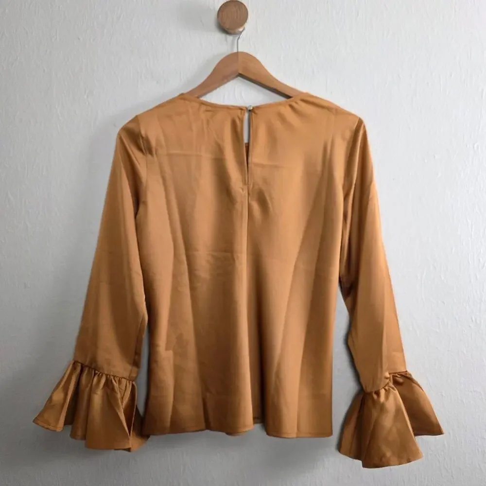 J. Crew Winter Garden Golden Brown Bell Sleeve Ruffle Satin Blouse Top Small NWT